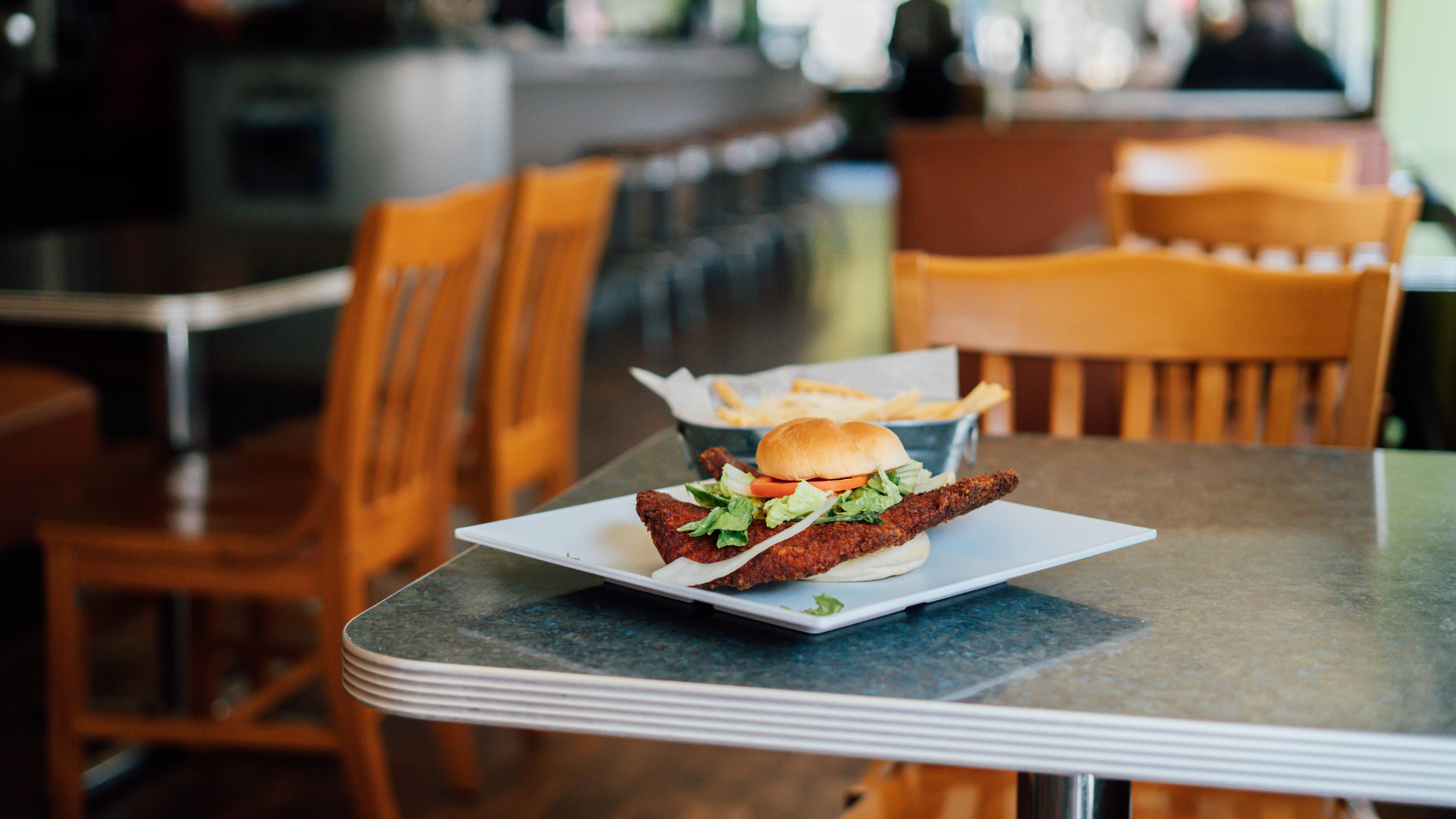 Sandwich and fries at Newton's Cafe